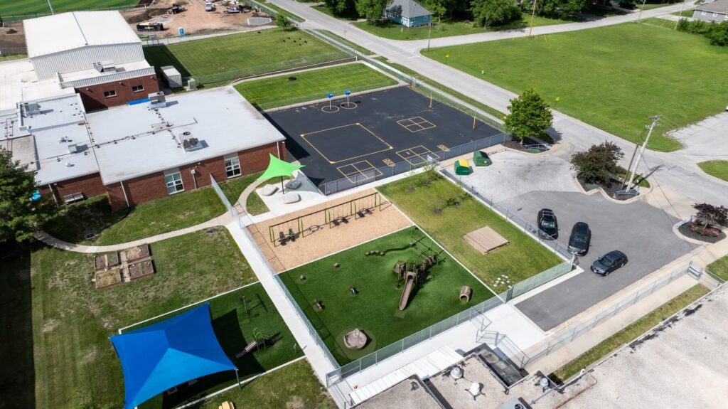 Renovated Grandview playground with modern play structures and safety surfacing